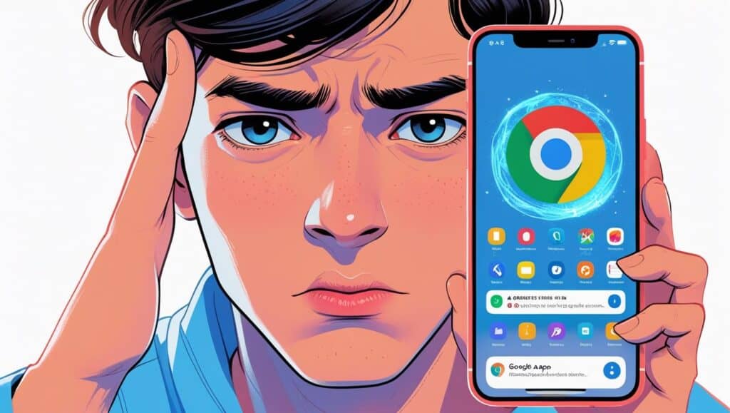 Frustrated Android user holding phone with frozen Google app icon