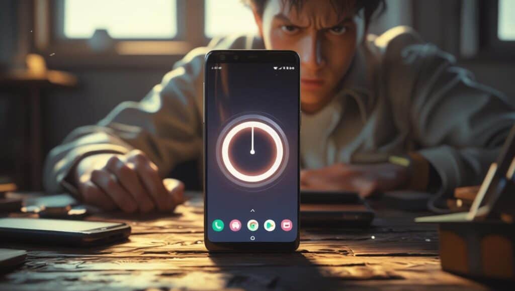 An Android phone showing a spinning loading screen, placed on a cluttered table with soft lighting. Frustrated user in background. Digital realistic style. (1)