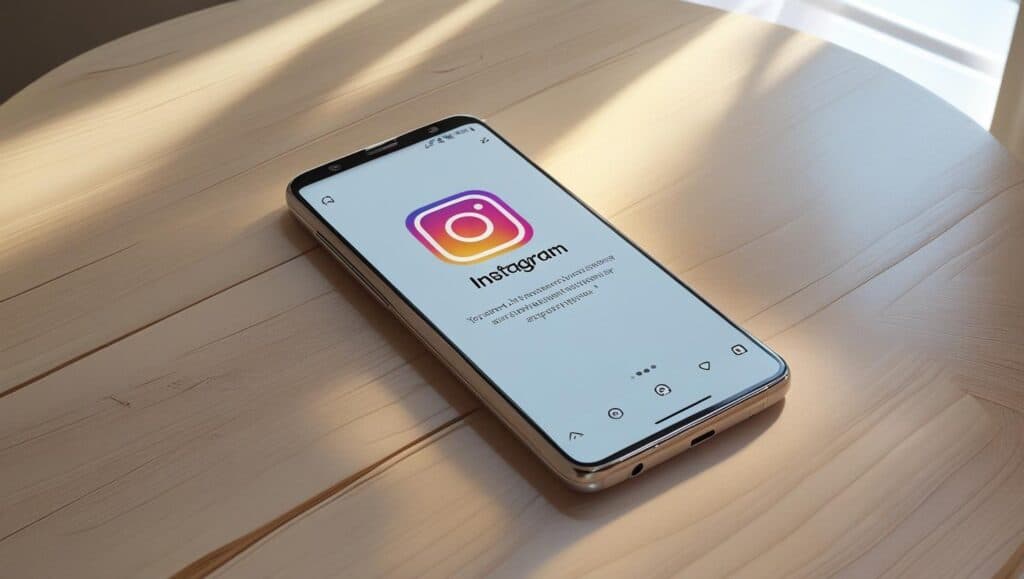 Instagram app open on Android phone placed on wooden table, clean light