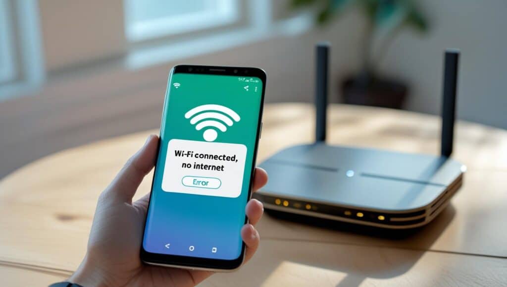 Android phone showing Wi-Fi connected but no internet error with router in background